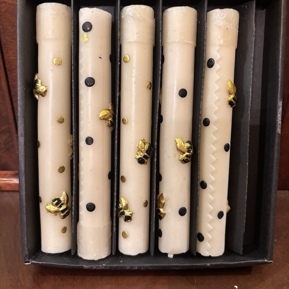 MacKenzie Childs Bee Mini Dinner Candles Lot 5 Beeswax Black Gold Polka Dot